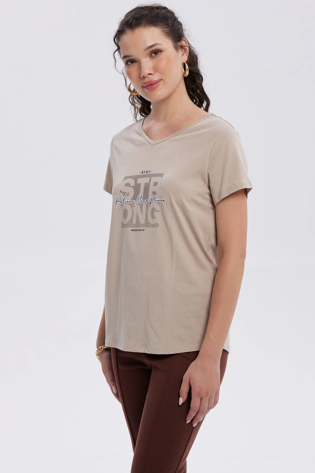 Polera Mujer Print Aplicación Folia Beige