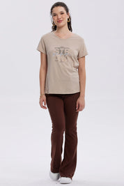 Polera Mujer Print Aplicación Folia Beige