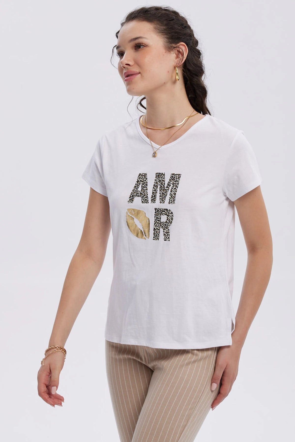 Polera Mujer Print Aplicación Folia Blanco