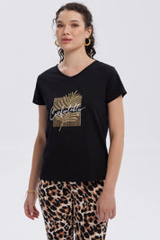 Polera Mujer Print Aplicación Folia Negro