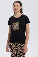 Polera Mujer Print Aplicación Folia Negro