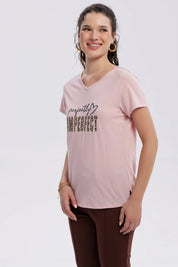 Polera Mujer Print Aplicación Folia Palo Rosa
