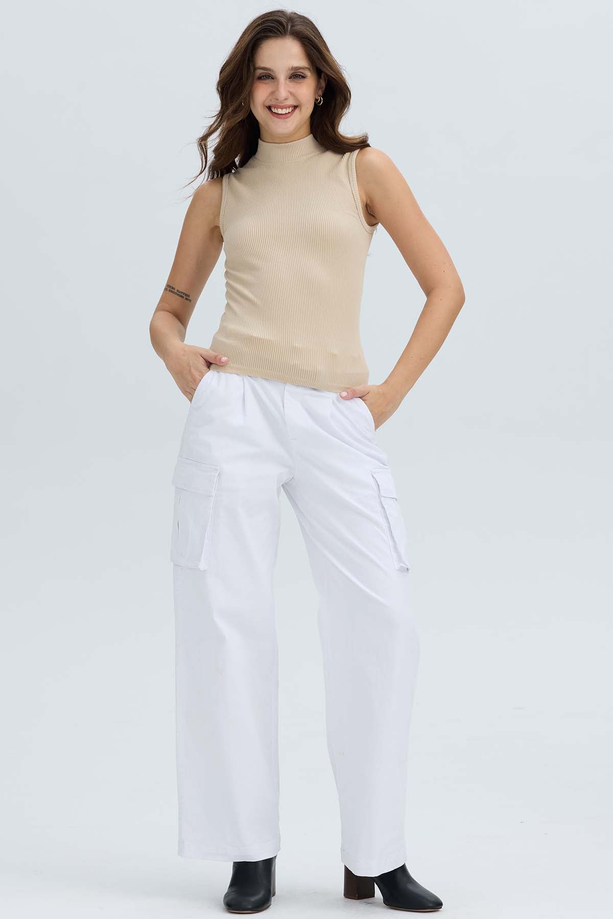Pantalón Mujer Pretina Alta Con Cinturón Blanco