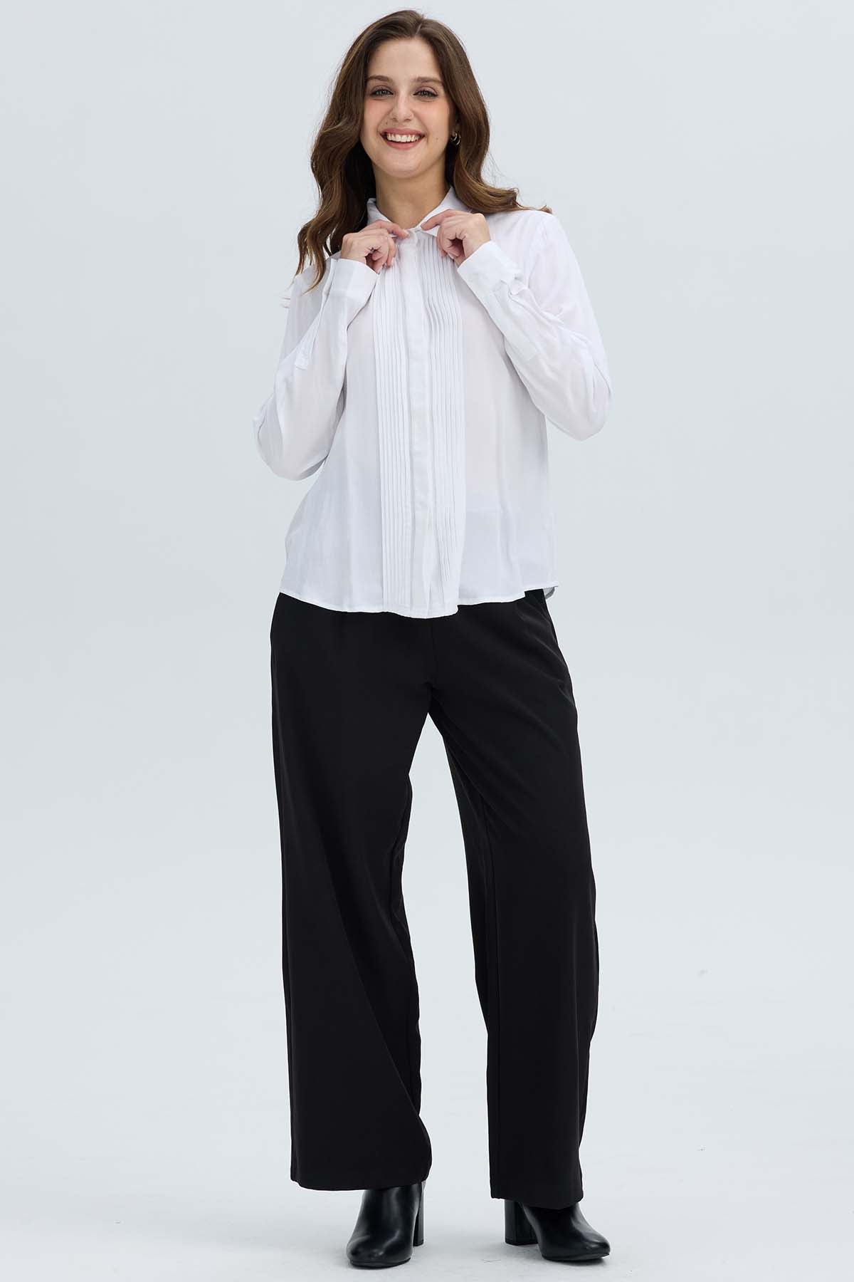Blusa Mujer Abotonada Pliegues Crudo