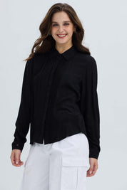 Blusa Mujer Abotonada Pliegues Negro