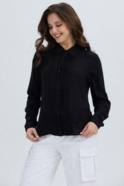 Blusa Mujer Abotonada Pliegues Negro