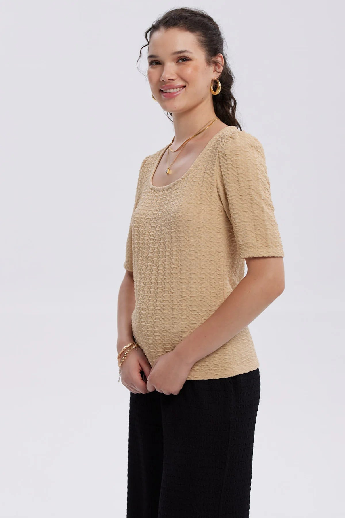 Polera Mujer Manga Globo Texturizada Verde Claro