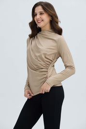 Polera Mujer Aplicación Arrugado Beige Oscuro
