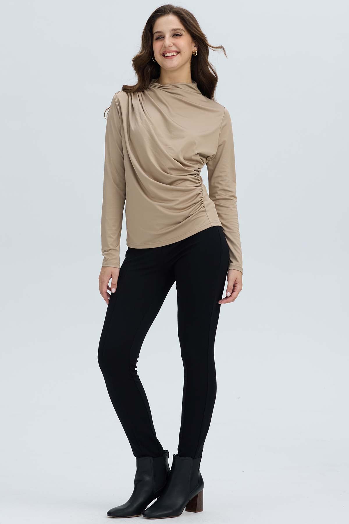 Polera Mujer Aplicación Arrugado Beige Oscuro