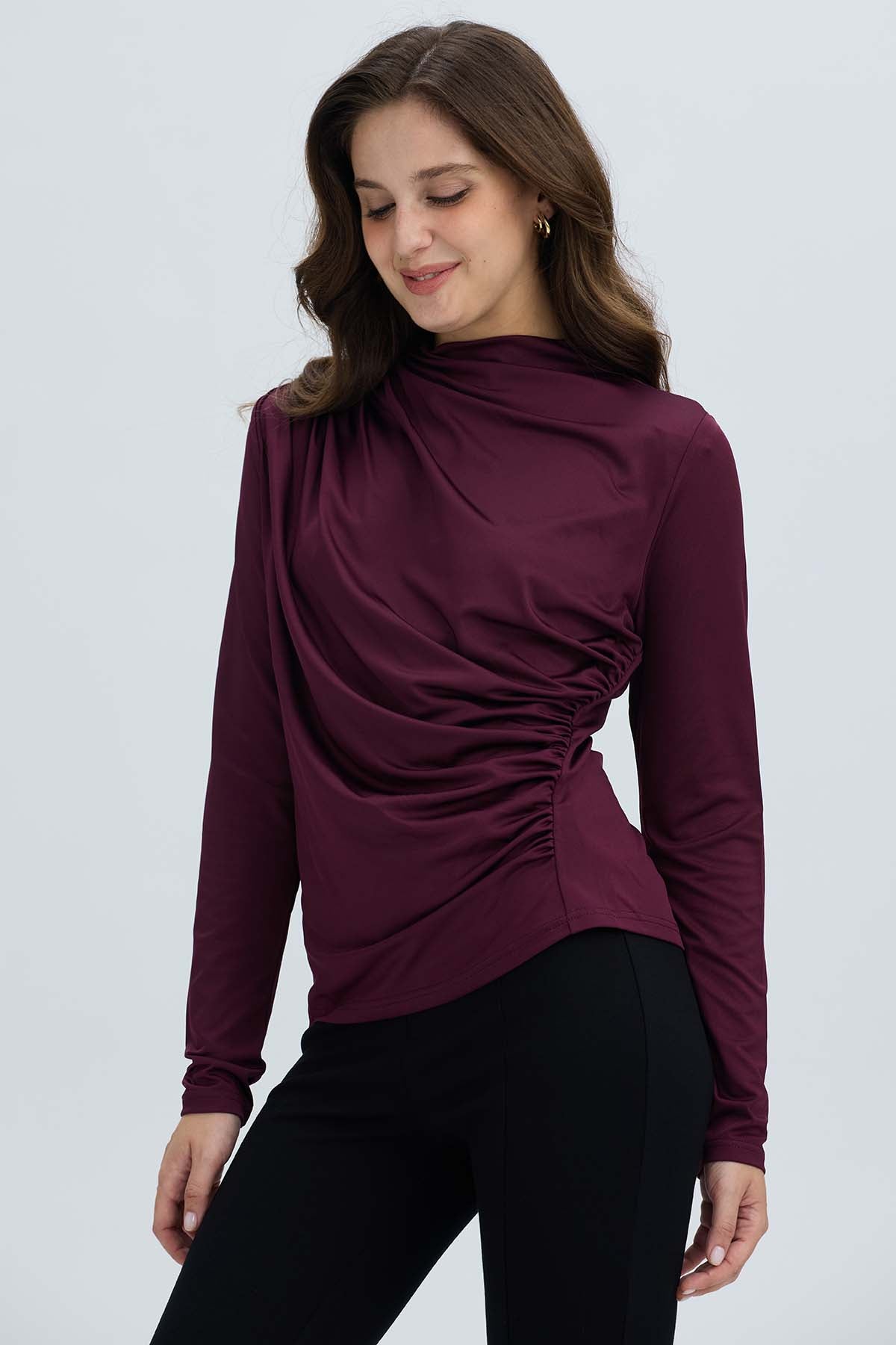 Polera Mujer Aplicación Arrugado Vino