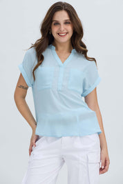Blusa Mujer Dobladillo En Manga Celeste Claro