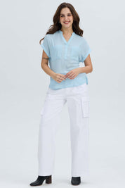 Blusa Mujer Dobladillo En Manga Celeste Claro