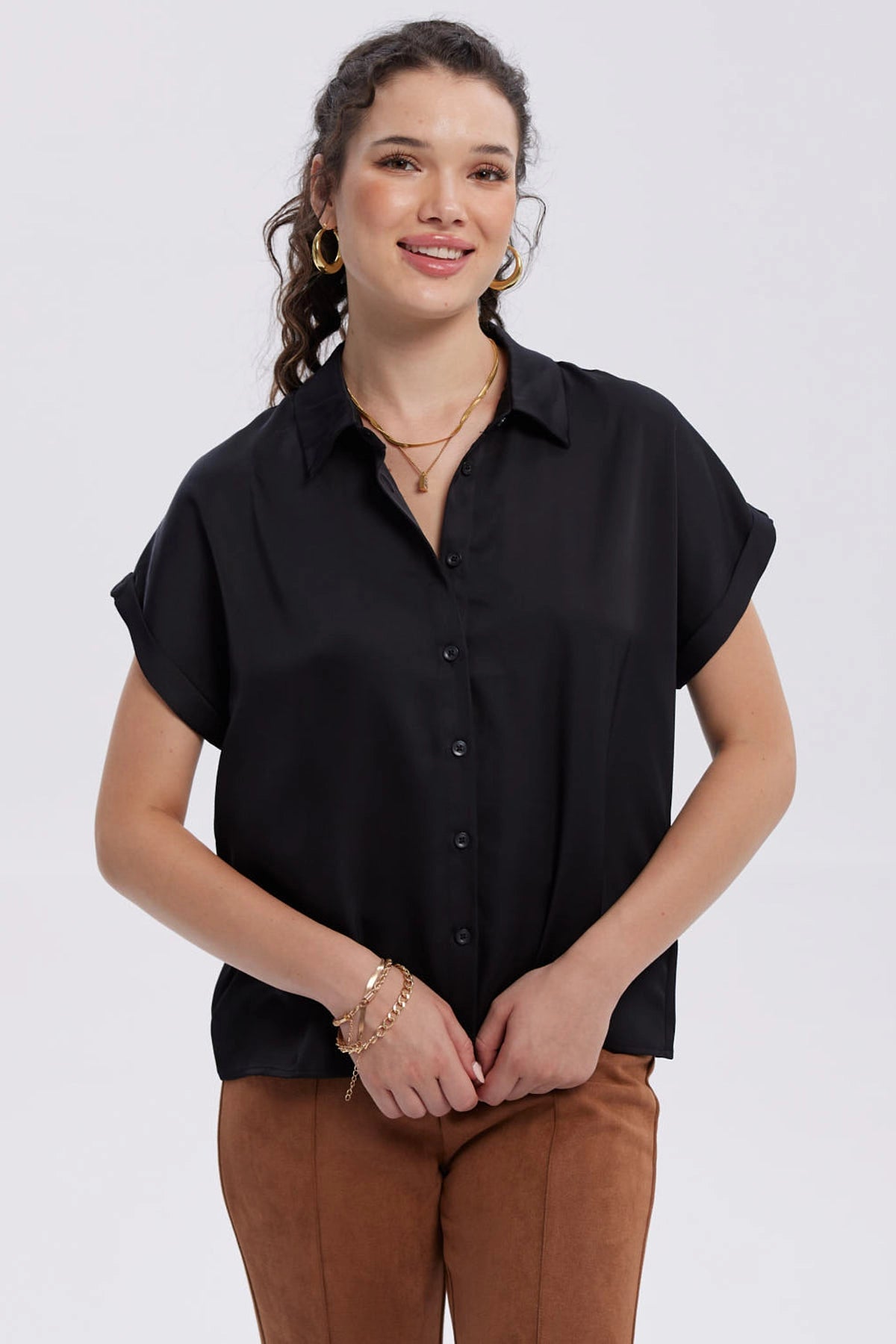 Blusa Mujer Satín Abotonada Negro