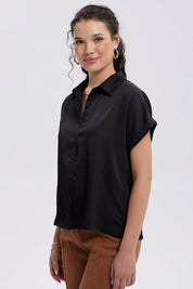 Blusa Mujer Satín Abotonada Negro