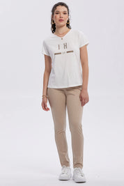 Calza Mujer Lineas Cierre Delantero Beige