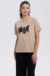 Polera Mujer Print Con Aplicación Beige