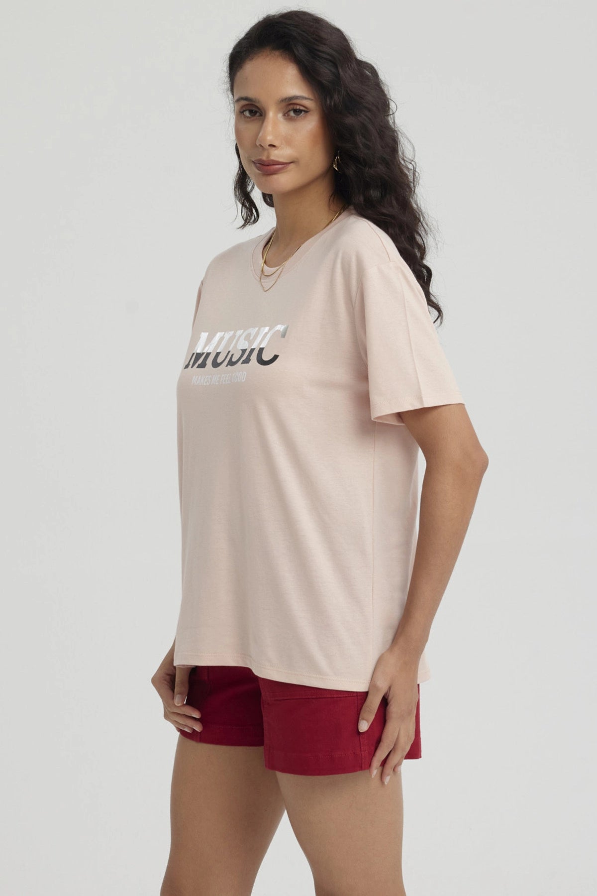 Polera Mujer Print Con Aplicación Palo Rosa