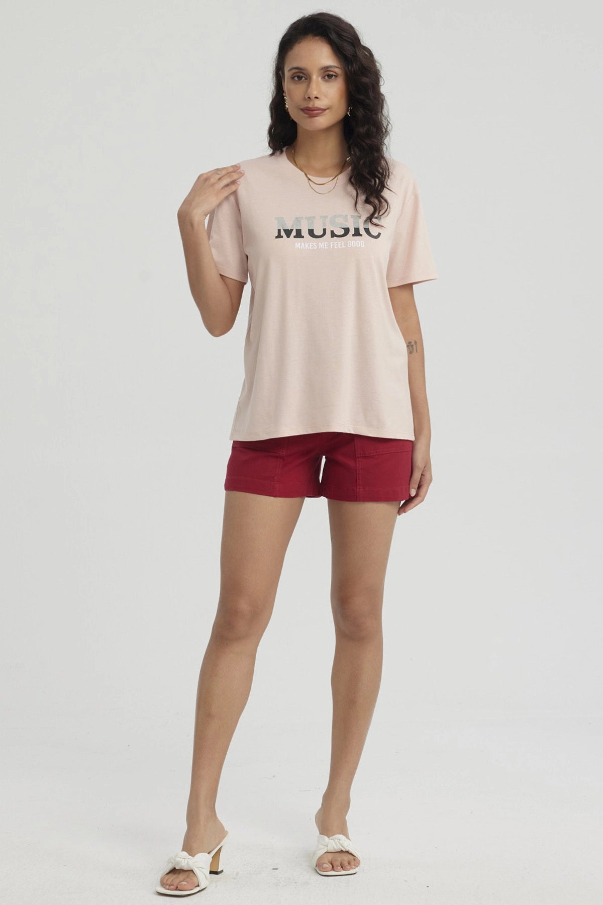 Polera Mujer Print Con Aplicación Palo Rosa