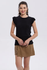 Polera Mujer Vuelos Rib Lisa Negro