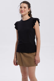 Polera Mujer Vuelos Rib Lisa Negro