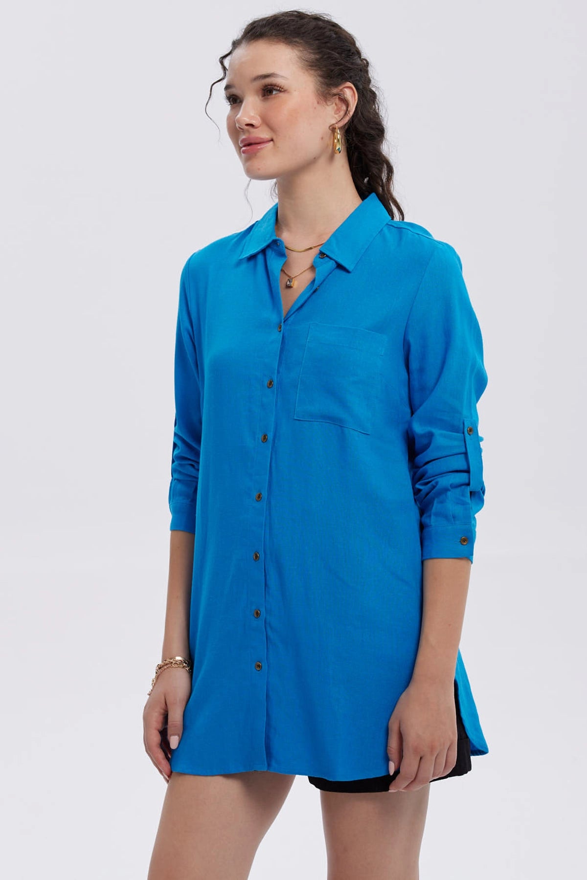Blusa Mujer Lino Abotonada Lisa Azul Claro