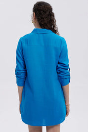 Blusa Mujer Lino Abotonada Lisa Azul Claro
