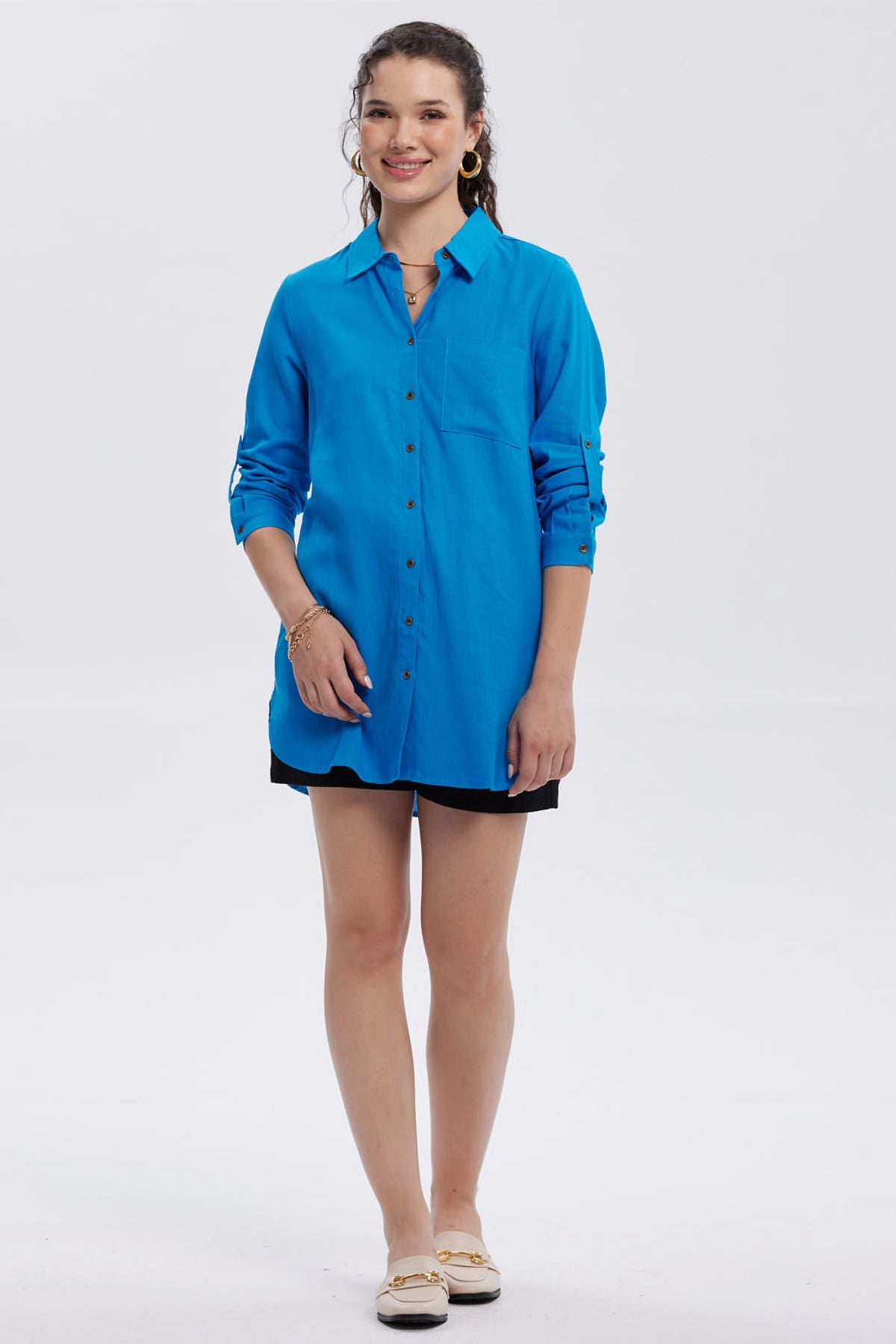 Blusa Mujer Lino Abotonada Lisa Azul Claro