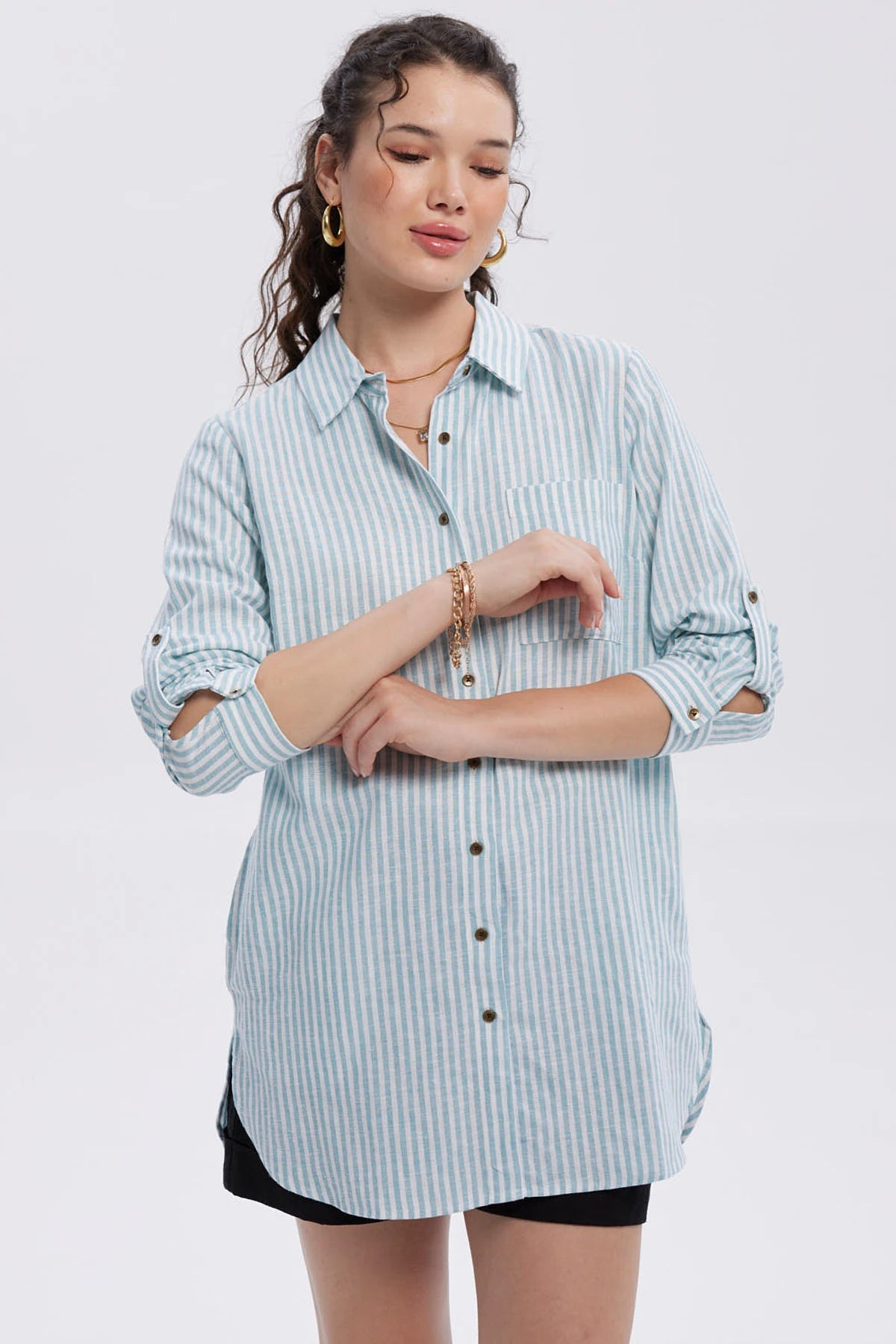Blusa Mujer Lino Abotonada Lisa Celeste