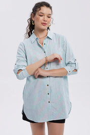 Blusa Mujer Lino Abotonada Lisa Celeste