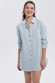 Blusa Mujer Lino Abotonada Lisa Celeste