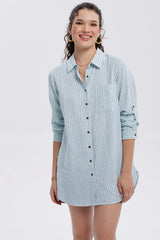 Blusa Mujer Lino Abotonada Lisa Celeste