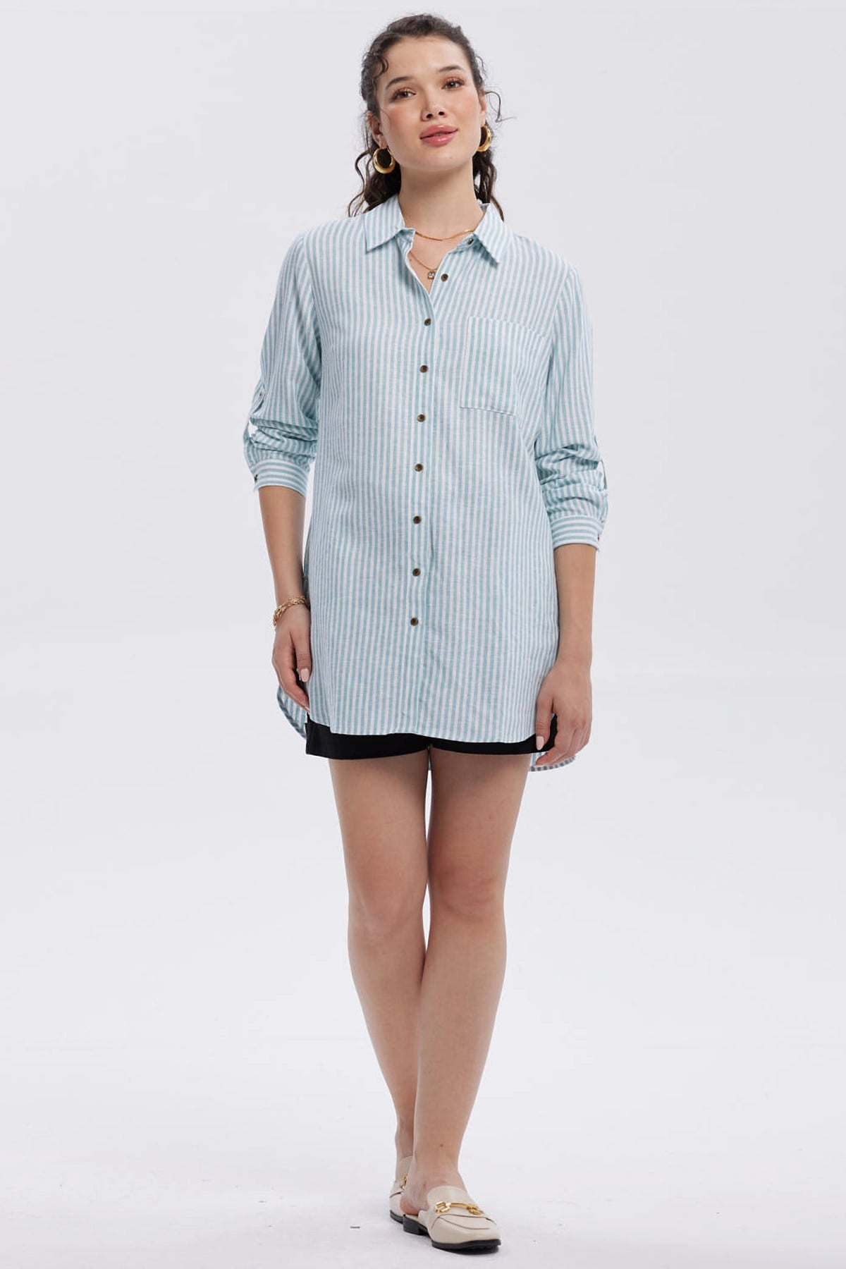 Blusa Mujer Lino Abotonada Lisa Celeste