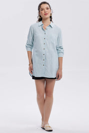 Blusa Mujer Lino Abotonada Lisa Celeste
