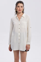 Blusa Mujer Lino Abotonada Lisa Crudo