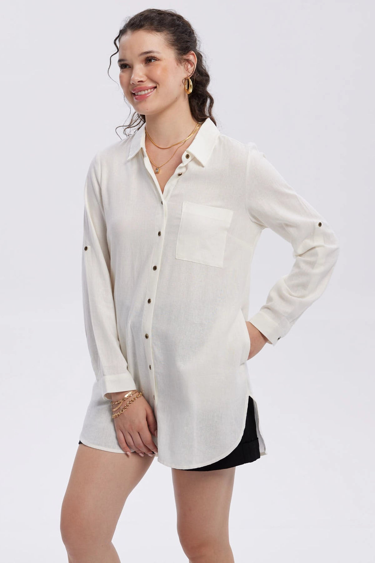 Blusa Mujer Lino Abotonada Lisa Crudo
