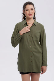 Blusa Mujer Lino Abotonada Lisa Verde Musgo
