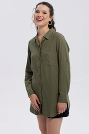 Blusa Mujer Lino Abotonada Lisa Verde Musgo