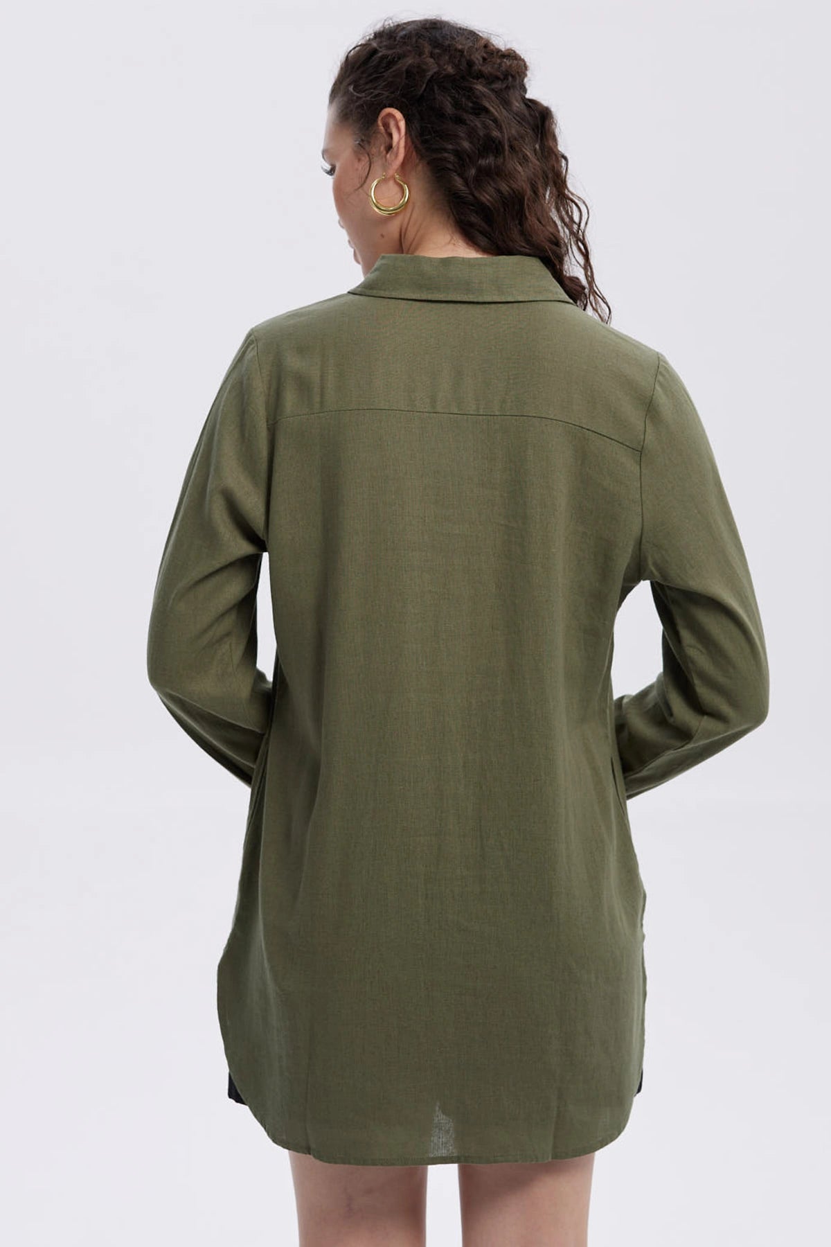 Blusa Mujer Lino Abotonada Lisa Verde Musgo
