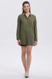Blusa Mujer Lino Abotonada Lisa Verde Musgo