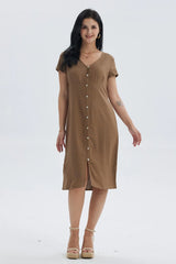 Vestido Mujer Lino Abotonado Café Claro