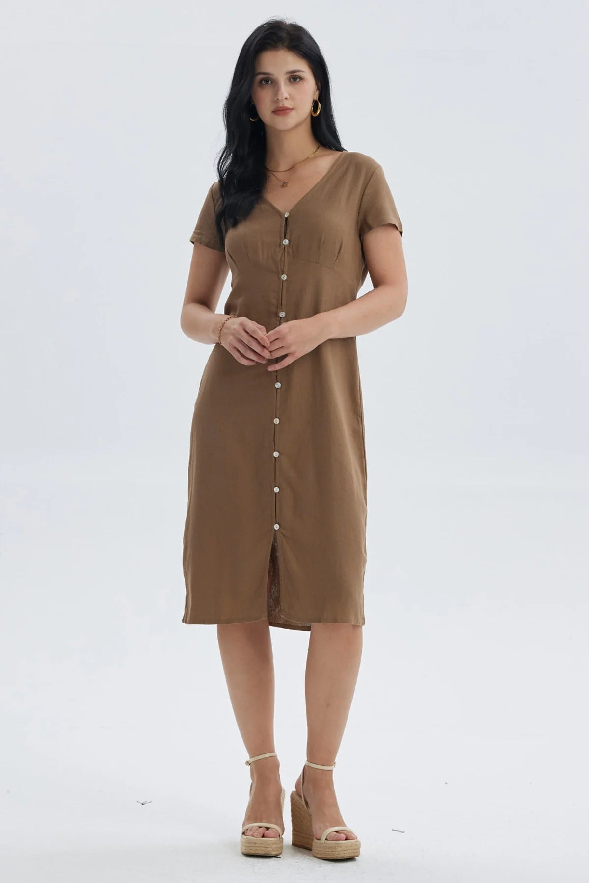 Vestido Mujer Lino Abotonado Café Claro