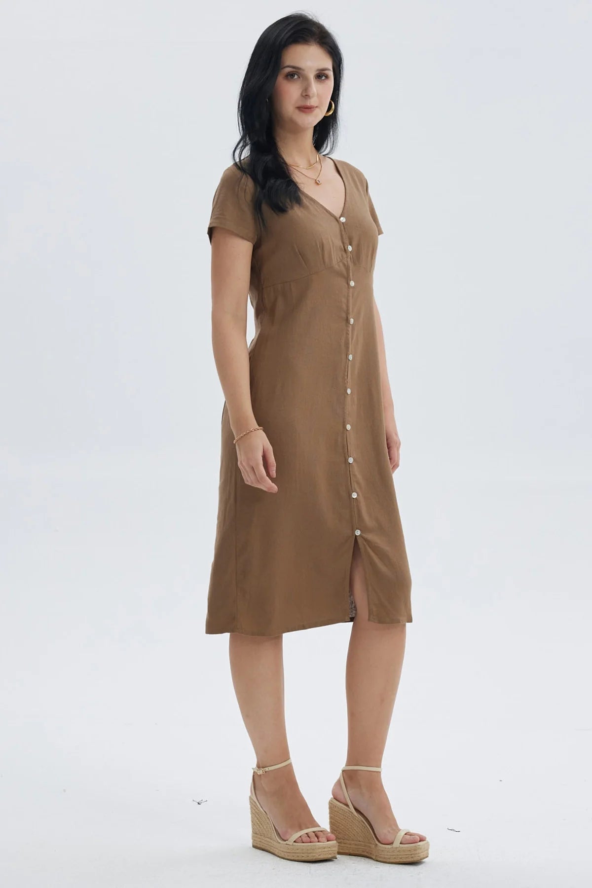 Vestido Mujer Lino Abotonado Café Claro