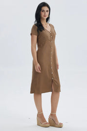 Vestido Mujer Lino Abotonado Café Claro
