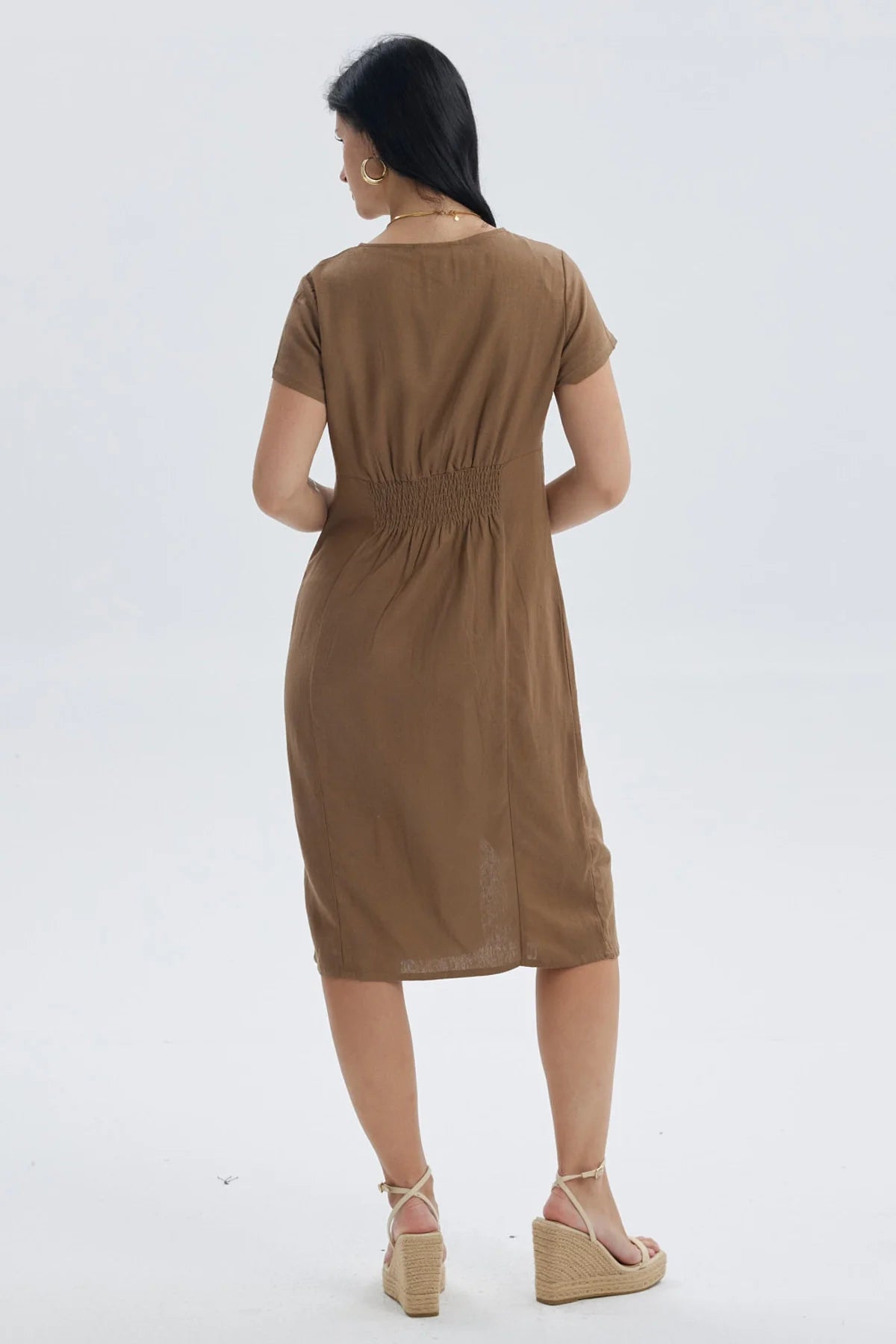 Vestido Mujer Lino Abotonado Café Claro