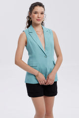 Blazer Mujer Lino 2 Bolsillos Celeste