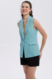 Blazer Mujer Lino 2 Bolsillos Celeste