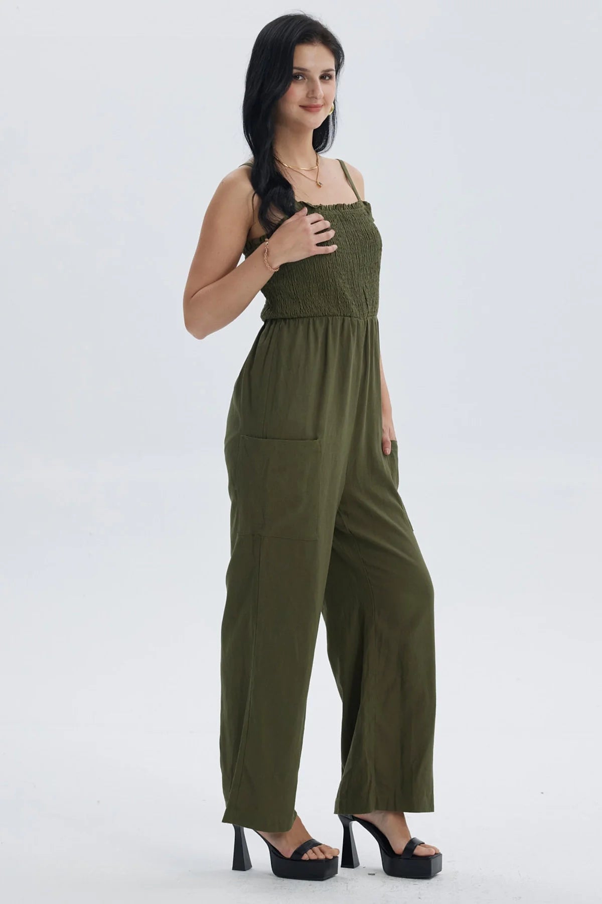 Enteritos Mujer Largo Lino Aplicación Verde Musgo