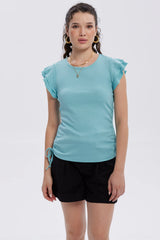 Polera Mujer Manga Vuelos Celeste