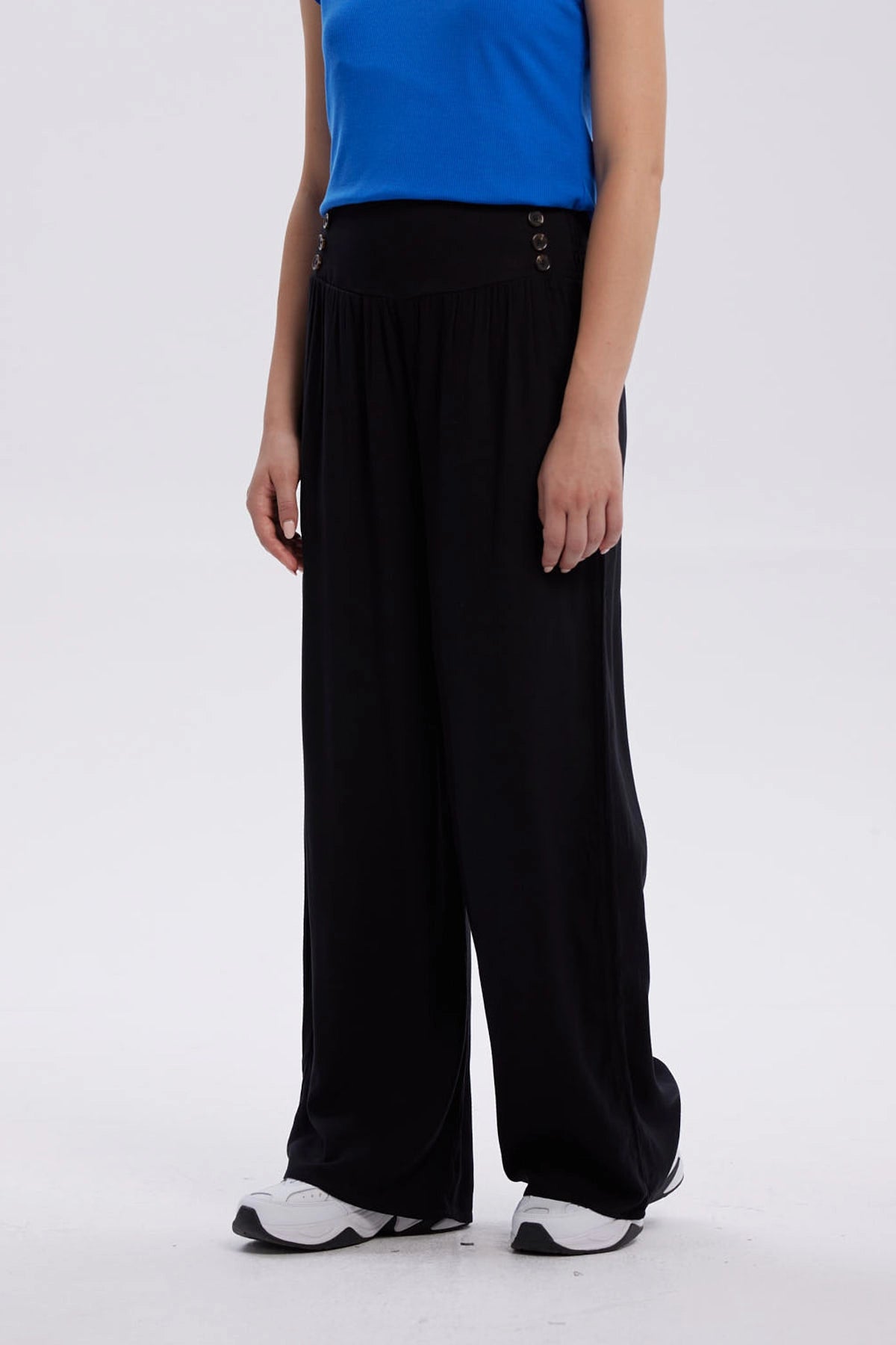 Pantalón Mujer Palazzo Aplicación Botones Negro