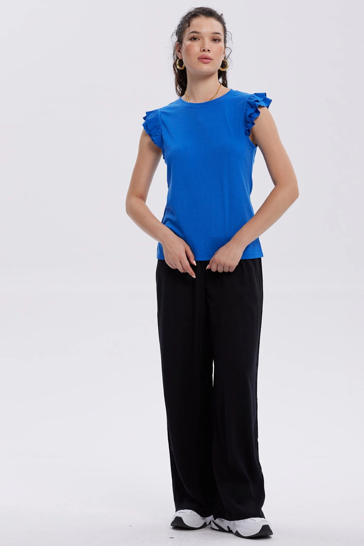 Pantalón Mujer Palazzo Aplicación Botones Negro